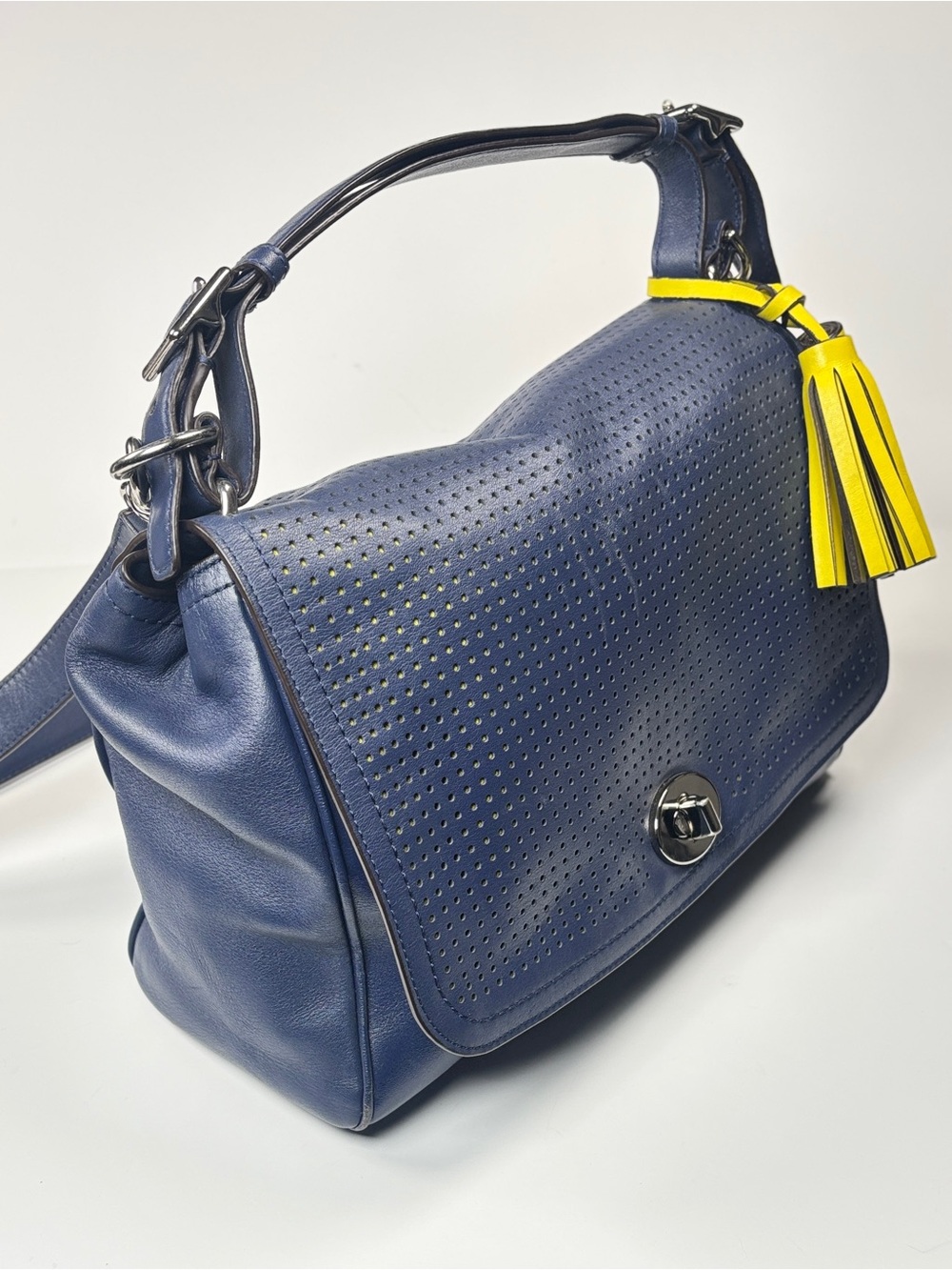 Coach Navy Perforated Crossbody Bag with Yellow tassel Accent. Tan interior. EUC - Picture 2 of 8